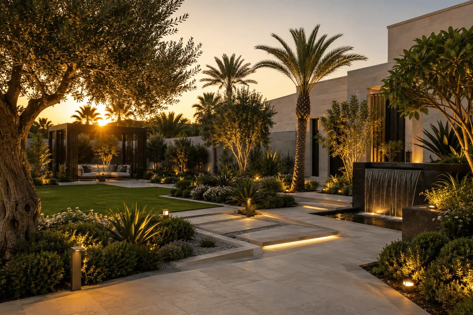 Completed palm garden and outdoor flooring by Najd Landscape